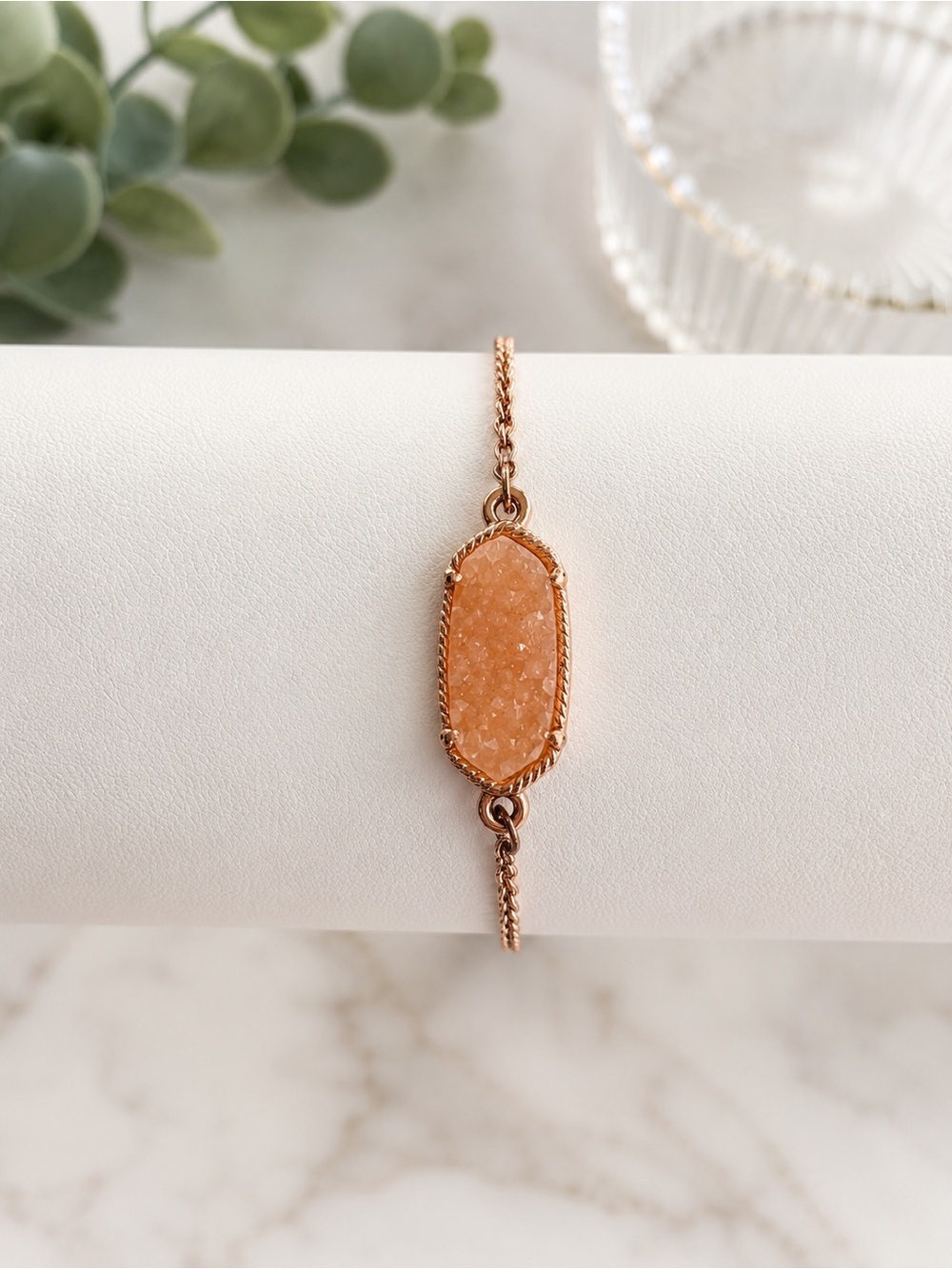 Rose Gold Tone Druzy Quartz Adjustable Slider Bracelet Peach Pink Fashion